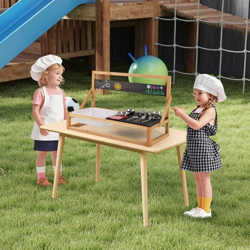 DREAMADE Cuisine Enfant en Bois - avec Évier, 4 Casseroles, 3 Ustensiles, Chiffon, Tableau - Cuisine de Jeu Extérieure 81 x 36 x 49 cm pour 3+ Ans