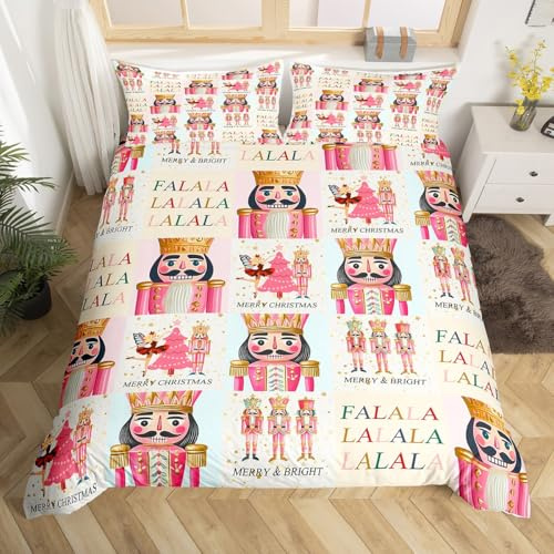 Xmas Nutcracker Duvet Cover Set Double,Cartoon Soldier Bedding Set for Kids Girls Boys Teens Room Decor,Ballet Girl Xmas Tree Comforter Cover Pink Plaid Patchwork Quilt Cover 3Pcs