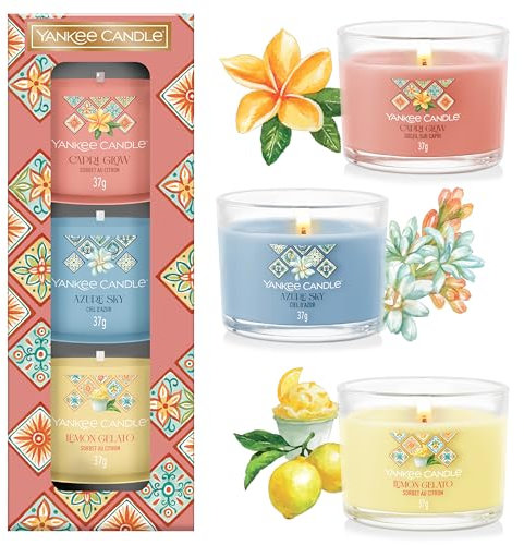 Yankee Candle Duftkerzen-Geschenkset | Gefüllte Mini-Votivkerzen | Soja-Wachs-Mischung | Azure Sky, Capri Glow und Lemon Gelato | Kollektion „Hello Italy“ | Perfekte Geschenke für Frauen | 3 Stück