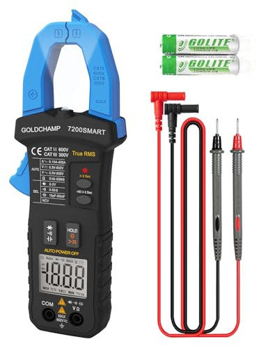 Clamp Meter Multimeter Tester AC/DC 6000 Counts Measures Capacitance, Resistance, Continuity, Diode, TRMS NCV with Auto Range, Backlight, Data storage with Test Leads, Alligator Clips GOLDCHAMP