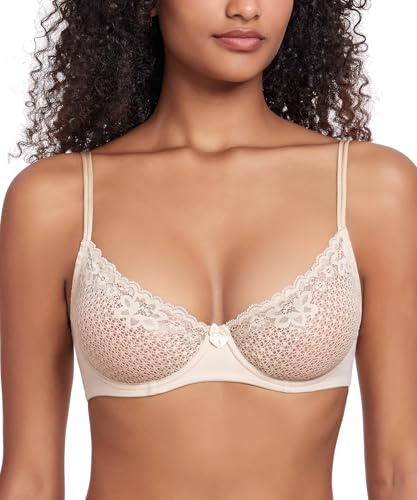 DotVol Balconette Sujetador Malla Encaje Transparente con Aros sin Relleno para Mujer Beige,95D