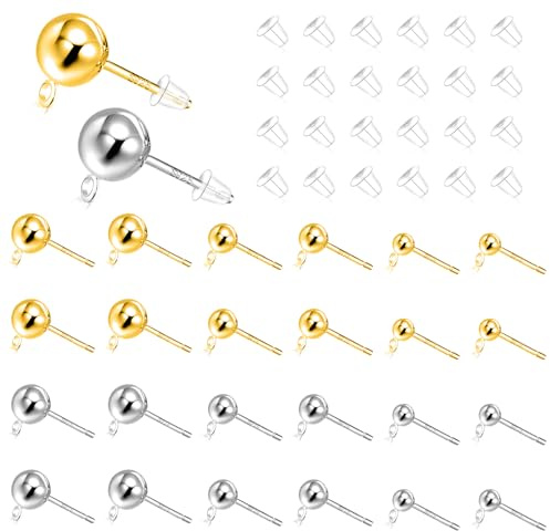 48 Pezzi Perni per Orecchini in Argento Sterling per la Creazione di Gioielli con Passante, Perni per Orecchini a Sfera Rotondi di 3 Misure con Fermagli, Perni a Sfera Ipoallergenici (Oro+Argento)