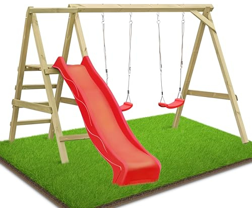 Gartenpirat Premium Schaukelgestell Typ 4.2 mit Rutsche rot Zwei Schaukelsitze Kletterleiter - 303 x 180 x 200 cm - Doppelschaukel aus Holz