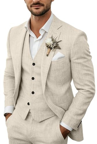 3-teiliges Herren-Anzug-Set aus Leinen, lässig, leicht, Blazer, Jacken, Westen, Hosen, Set für Hochzeit, Business, Abschlussball, Anzug, Beige, XL