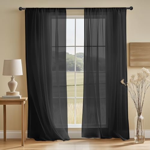 NAKIHOUSE Voile Curtain, 2 Panels Net Curtains for Windows 45 Drop, Elegant Slot Top Sheer Curtains, Light Filtering Black Voile Curtains for Living Room, Breathable & Graceful Window Drapes
