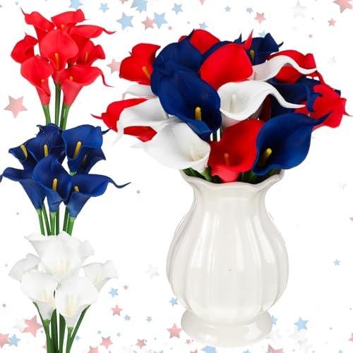 Hoteam 24 Pcs 4th of July Artificial Flowers Red White and Blue Decoration 250th Anniversary Patriotic Calla Lily Picks Decorations Independence Day Memorial Day Table Decor (Red,White,Blue)