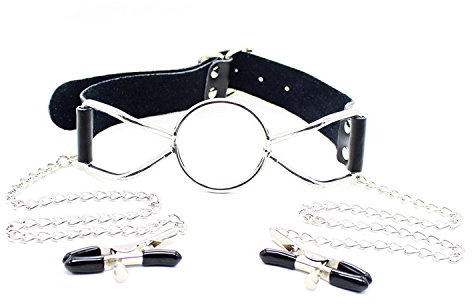BONDAGERIE® Gàgring con anello in acciaio con pinze, cinturino in pelle, Taglia L