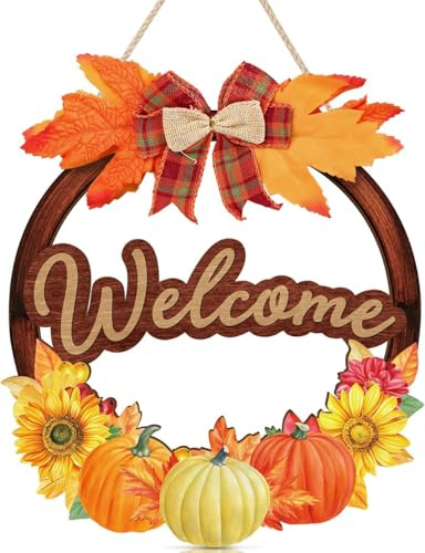 ANHUIB Herbst Willkommen Holzschild Erntedankfest Türschild Erntedankfest Rundes Willkommen Türschild Deko Vintage Rustikaler Herbst Holzschild für Bauernhaus Haustür Veranda Thanksgiving Geschenke
