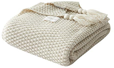 Strickdecke für Sofa, Bett, Stuhl, atmungsaktiv, Heimdekoration, Boho, dick, dekorativ, leicht, bequem, weich, alle Jahreszeiten, Beige, 70 x 100 cm