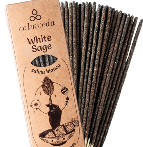 CALMVEDA Bio Weißer Salbei Räuchern – Reinigt von negativer Energie (24+ räucherstäbchen) Dicke kalifornischer White Sage mit echten Blättern | Schutz-Räucherwerk für tägliche Räucherungen