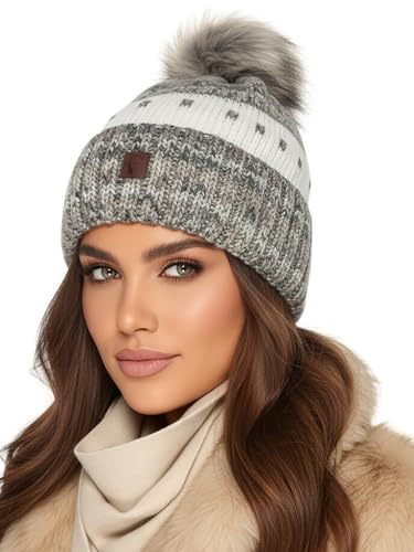 Baesics Bommelmütze Damen Herren - Bunt Wintermütze Kunstfell Bommel warm | Mit flauschigem Pompon und weichem Fleecefutter, Größe ca. 54-58 cm, Strick aus der EU. Warm für Herbst, Winter und als