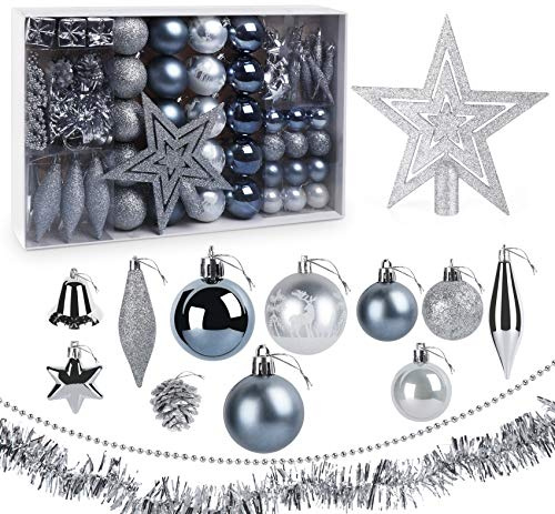 Beutrain Weihnachtskugeln 73-teiliges Set,Weihnachtskugeln Silber-Grau Kunststoff mit Baumspitze Stern,Christbaumkugeln Bunt mit Aufhängen,Weihnachtsschmuck Deko für Drinnen & Draußen