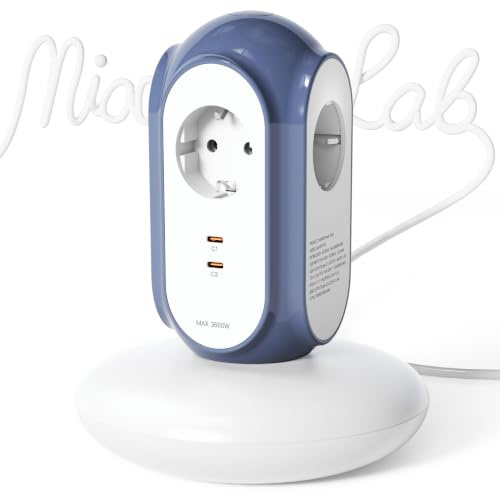 MiaoLab Multiprise Tour 3 Prises AC + 2 USB-C (30W), 3680W/16A, Protection 1420J, Base Anti-basculement, câble 2 m, Protection Contre Les surcharges, Compatible Type C/E/F (Bleu Méditerranéen)