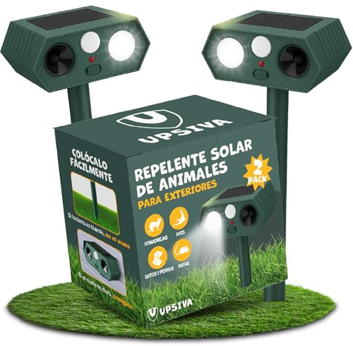 Pack de 2 Répulsifs pour Chats | Répulsif ultrasonique solaire avec capteur de mouvement + lumière LED | Ahuyentador pour chats, chiens, rongeurs | Résistant à la pluie | Rechargeable et écologique |