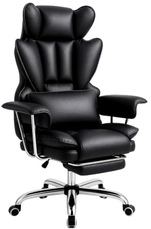 Ergonomischer Chefsessel Bürostuhl Gaming Stuhl Hochlehner mit Fußstütze &verstellb. Lendenstütze, 200 kg belastbar, Extra breiter Sitz,90°–135° Rückenlehne, Polsterung, Modern Büro/Homeoffice,Schwarz