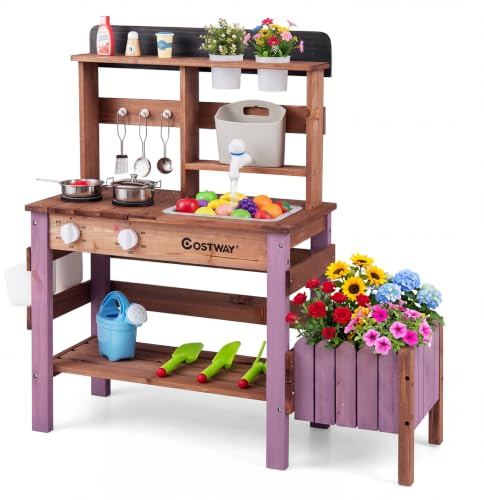 COSTWAY Cocina de Juguete para Niños, Juego de Cocina de Barro de Madera con Jardinera, Fogones, Fregadero Extraíble, Grifo, Depósito de Agua y Estantes, Cocinita Infantil de Exterior para 3+ Años