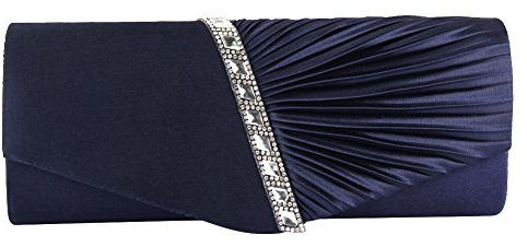 ele ELEOPTION Womens Pleated Satin Diamante Ladies Envelope Handbag Wedding Bridal Prom Handbag Clutch Bag Evening Party Purse Chain Bag (Navy Blue)