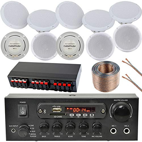 SMART HOME 5 ZONE BLUETOOTH SPEAKER SYSTEM – 10x Moisture Resistant Ceiling Speakers, 1x 110W Compact Stereo Amp, Speaker Splitter *ECHO/ALEXA* - Wireless HiFi Audio Background Music Player Sound Kit