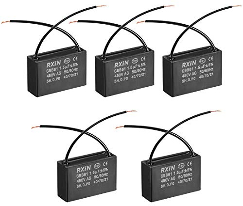 sourcing map Ceiling Fan Capacitor CBB61 1.5uF 450V AC 2 Wires Metalized Polypropylene Film Capacitors 37x23.5x12.6mm for Water Pump Motor Generator, Pack of 5
