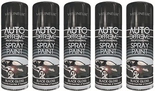 HitlineUK 5 x Black Spray Paint, 400ml Gloss Black Spray Paint, Automotive Paint Sprayer, Multipurpose Exterior Black Spray Paint Gloss, Interior Metal Spray Paint