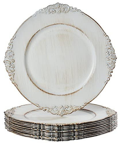 MAONAME Antique White Charger Plates, Round Plate Chargers for Dinner Plate, 13 Plastic Charger for Plates, Wedding Table Setting, Set of 12
