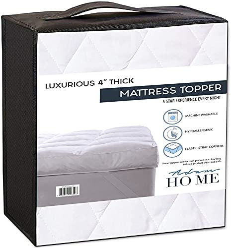 ADAM HOME Thick Mattress Topper for KingSize Bed – 4 Inch / 10 cm Extra Deep, Hotel Quality, Quilted King Size Mattress Topper Breathable with Elasticated Corner Straps for Comfort (150 x 200 + 10 cm)