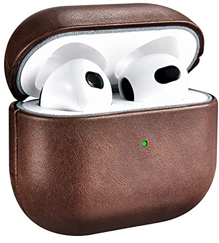 Leather Case for AirPods 3(October 2021) ICARERSPACE Premium Genuine Leather Shockproof Protective Case Cover for Apple AirPods 3 Earphones Charging Case (LED Visible) Support Wireless Charger BROWN