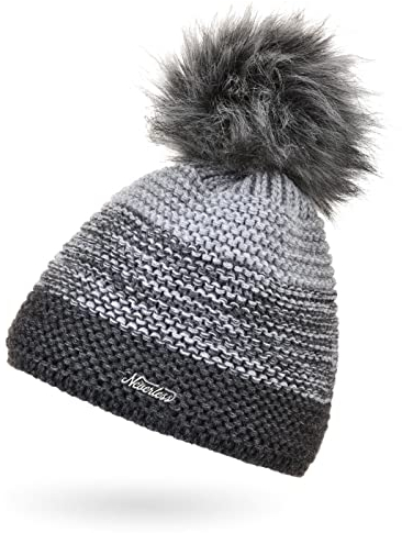 Neverless® Damen Mütze gefüttert Fleece-Innenfutter Fell-Bommel Kunstfell Wintermütze Bommelmütze Grobstrick Mehrfarbig dunkelgrau-hellgrau Unisize