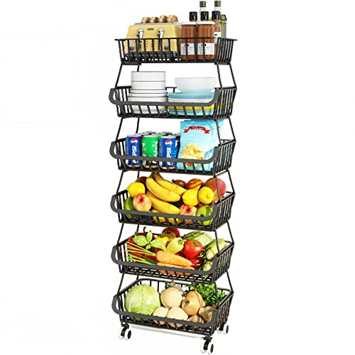 Mchoter 6-Tier-Obstkorb für Küche, Obst und Gemüse-Aufbewahrungswagen Stapelbare Drahtkörbe mit Rädern Gemüseprodukt-Korb Kartoffelzwiebel-Aufbewahrungsbehälter Rack für Küche Pantry