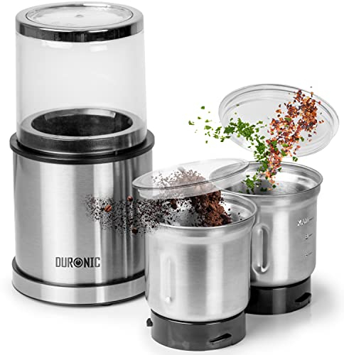 Duronic Electric Blade Coffee Grinder CG421, 2 in 1 Spice Grinder Kitchen Machine, Wet & Dry Grinding Mini Mill Hopper, 75g/220ml, 200W, 2X Stainless Steel Cups for Beans, Herbs, Nuts