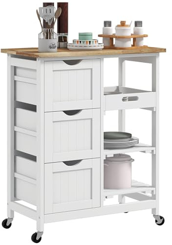 HOMCOM Rolling Kitchen Island Cart, Bar Serving Cart with Wood Top, White