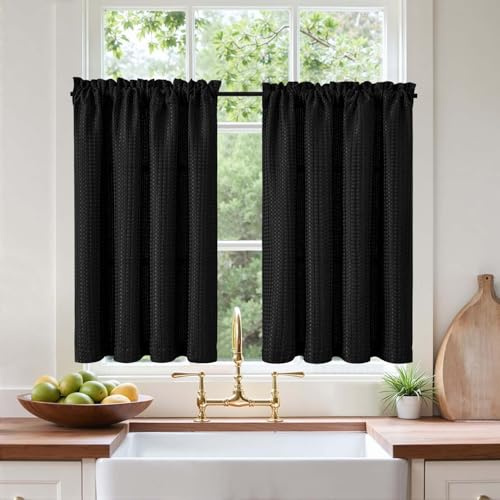 Vangao Köksgardiner fönstergardiner våffelmönster bistrogardin Cáfe gardin enfärgad ogenomskinlig fönstergardin för korta fönster små fönster vardagsrum lantställe B x H 90 x 115 cm, svart, set om 2