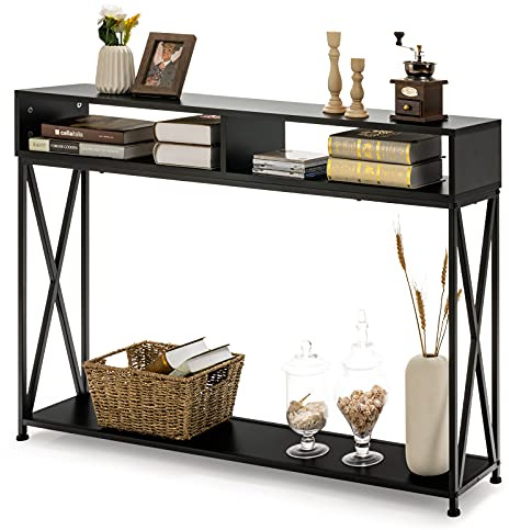 LIFEZEAL Tavolo Console, Tavolo Consolle in Legno, Tavolo d’Ingresso, con 2 Scomparti Aperti, Telaio in Metallo, Piedini Regolabili, Salvaspazio, Corridoio, Soggiorno, Max 45kg, 120x23x79cm, Nero