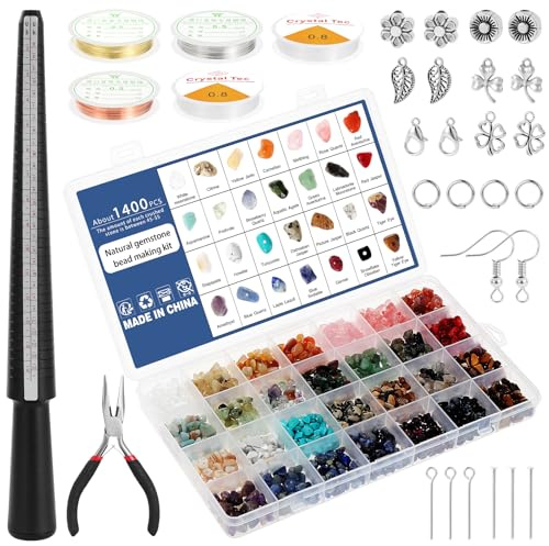Knpwer 1600 Stck+Edelstein Kristall Perle Schmuck Machen Kit, 28 Farben Schmuckherstellungs Set für Edelsteinschmuck,Ringe Selber Machen Set,Kristallperlen Schmuck Basteln Bastelset Kit