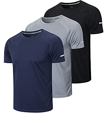 ZENGVEE 3-pack sportt-shirts, herr, löpartröja, kortärmad, snabbtorkande, andas, sportskjorta, män, träningströja, Svart grå marin, 3XL