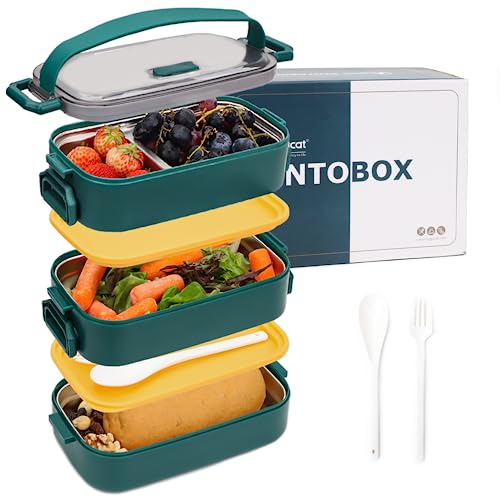 Bugucat Lunchbox Edelstahl 1700ML,Bento Box Brotdose Auslaufsicher Luftdichte Brotzeitbox mit Fächern und Besteckset,Frühstücksbox Jausenbox für Unterwegs,Brotbüchse Vesperdose für Erwachsene Grün