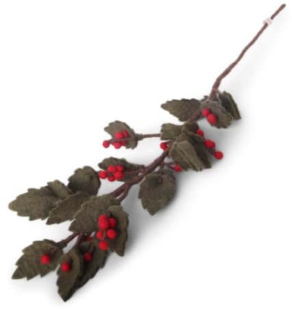 Gry & SIF Stechpalme, Mistel-Zweig aus Filz, Flexibler Stiel, Deko-Zweig für Vase, Weihnachts-deko, Handmade, Fairtrade I 1x Stechpalme, 60cm