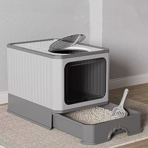 MINGYI - Bandeja para gatos cerrada, gran casa de aseo para gatos plegable con tapa, cajón para caña, inodoro para gatos, hasta 7 kg (gris XL 51 × 35 × 38 cm)