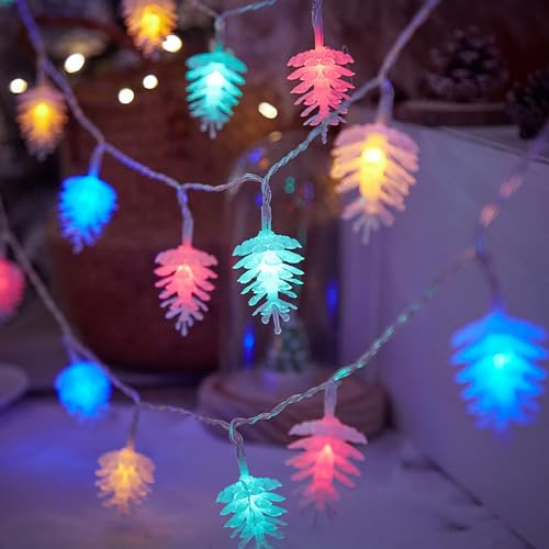 DINOWIN Lichterkette Weihnachtsbaum 19.68FT 40 LED Weihnachten Tannenzapfen Lichterkette Batterie Betrieben LED Weihnachtsdeko Innen Lichterkette für Wand Party Zäune (Vielfarbig)