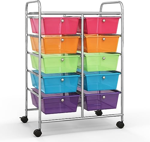 GIANTEX Rollwagen mit 10 Schubladen stapelbar, Schubladenwagen Badrollwagen Küchenwagen mit feststellbaren Rollen, Aufbewahrungswagen Haushaltswagen für Küche Bad Büro 65,5x37x87cm Transparent Bunt