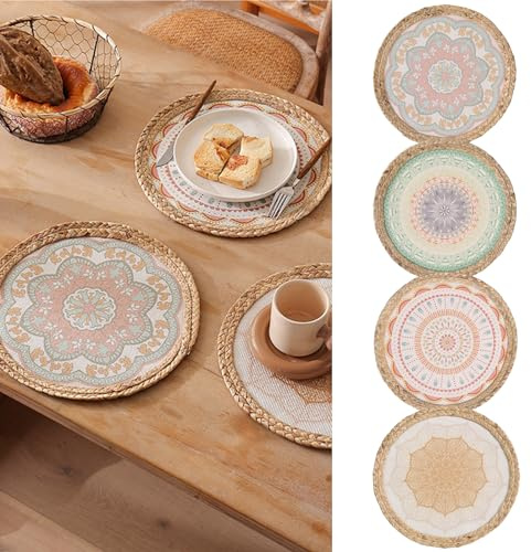Elistonie 4er Set Boho Runde Tischsets Handgewebte Baumwolle Wasserhyazinthe Platzsets Hitzebeständige Essmatten Vintage Rustikale Tischsets Waschbar Kaffee Bar Matte Tischdekoration für Party