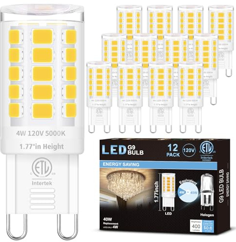Hansnag 12 Pack G9 LED Bulb for Crystal Chandelier, 5000K Bright Daylight, T4 Short Light Bulb with G9 Ceramic Bin-pin Base, Height 1.77 inch, 4W(40W Halogen Equivalent), 400LM, AC 120V, Non-Dimmable