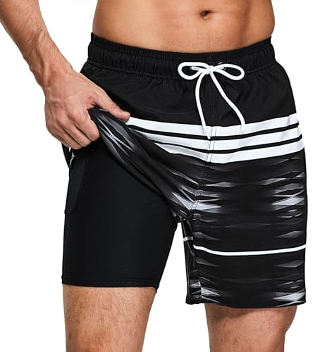 Aisprts Bañador Hombre Shorts de Baño 2 en 1 con Forro de Compresión Pantalones Cortos de Natación Elásticos de Secado Rápido Shorts de Playa con 2 Bolsillos con Cremallera