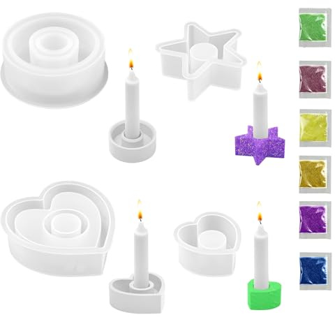 4 Stück Silikonform Kerzenhalter, DIY Gießform Giessform Kerzenhalter mit 6 Pack Dekorativem Glitter 3D Harz Epoxid Stabkerzenhalter Silikonform Kerzenhalter Pentagramm Runder Herz Stern