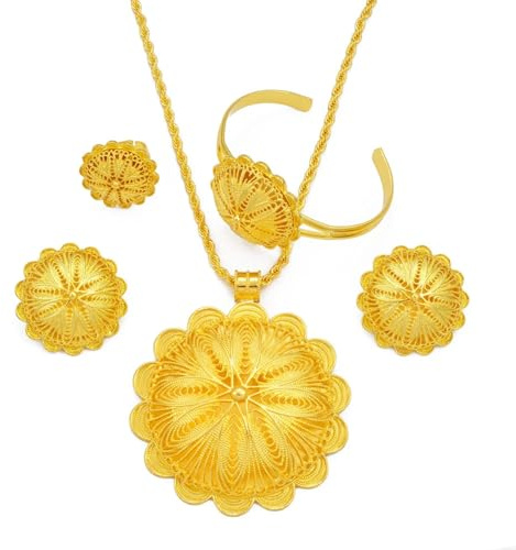 N-Made Beautifull Big Ethiopian Jewelry - Ethiopian Jewelry for Women Set - Big Pendant Necklace Earrings Bracelet Ring African Ethiopian Jewelry Sets Eritrean Traditional Ornaments, Length: 45 cm