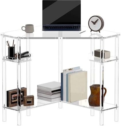 Eglaf Eckschreibtisch aus Acryl, dreieckig, 90 Grad, 72,4 x 72,4 cm, Heimbüro-Schreibtisch mit Stauraum für kleinen Raum, einfache Montage