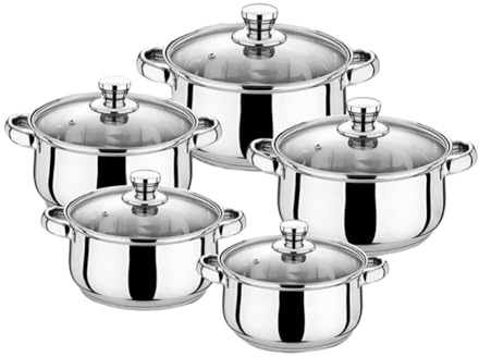 Juego de 10 utensilios de cocina antiadherentes de acero inoxidable, juego de ollas y sartenes antiadherentes, calentamiento rápido con tapas de vidrio templado, apto para lavavajillas y horno