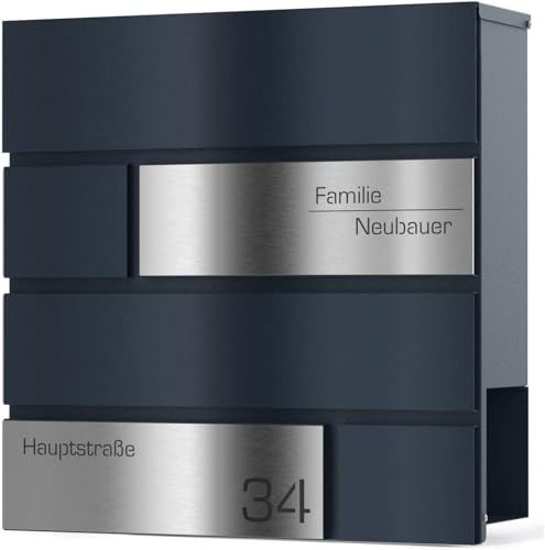 Graviers Design Briefkasten mit Zeitungsfach in Anthrazit RAL 7016 - Postkasten personalisiert Edelstahl Name Straße Hausnummer - Wandbriefkasten Briefbox mit Schloss Design 1