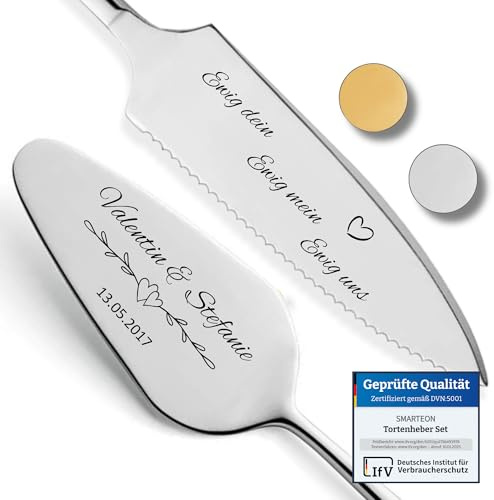 SMARTEON Tortenheber Set mit Tortenmesser und Personalisierter Gravur – Hochzeitsgeschenke für Brautpaar, Geburtstag, Jubiläum, Geschenkidee für Paare – Silber Set Ewig Uns