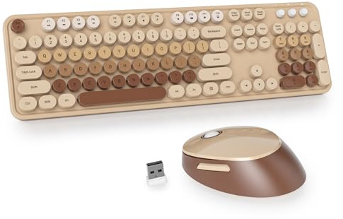Owpkeenthy Brown Keyboard and Mouse Wireless, Cute Colorful Typewriter Keyboard Full-Sized with Number Pad Round Keycaps for Desktop, Laptop and Computer(Gradient Brown)